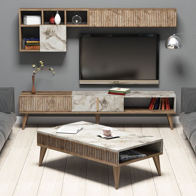 Casa si Gradina - Mobilier - Seturi de mobilier - Seturi living - Set mobilier living, Hanah Home, PAL melaminat, nuc si alb, 180x40x35 cm - Infinity.ro