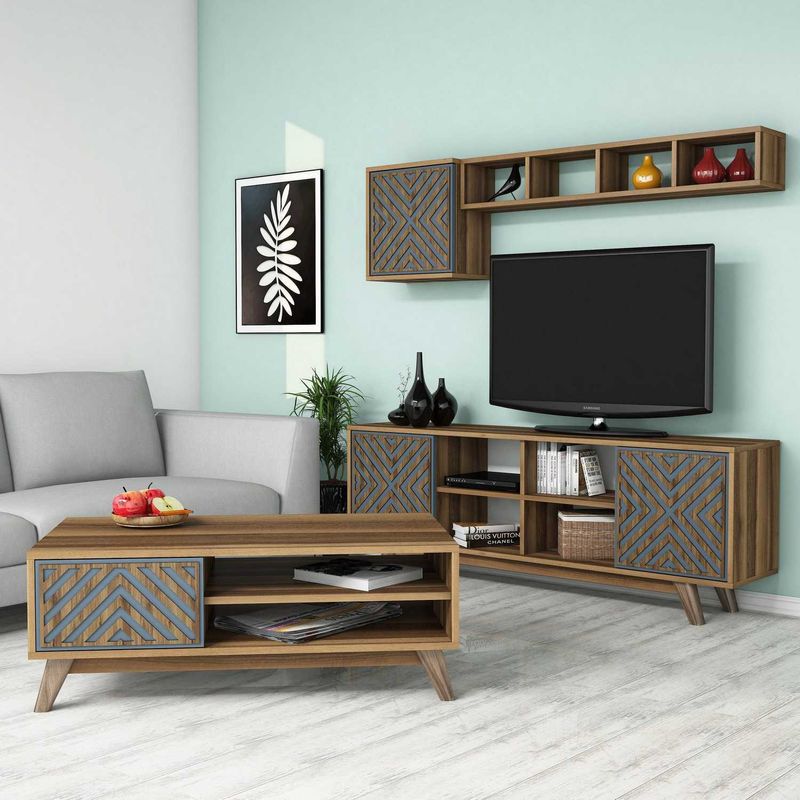 Casa si Gradina - Mobilier - Seturi de mobilier - Seturi living - Set mobilier living, Hanah Home, pal melaminat, nuc si albastru, multiple piese - Infinity.ro