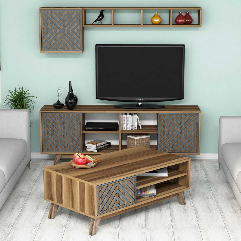 Casa si Gradina - Mobilier - Seturi de mobilier - Seturi living - Set mobilier living, Hanah Home, pal melaminat, nuc si albastru, multiple piese - Infinity.ro