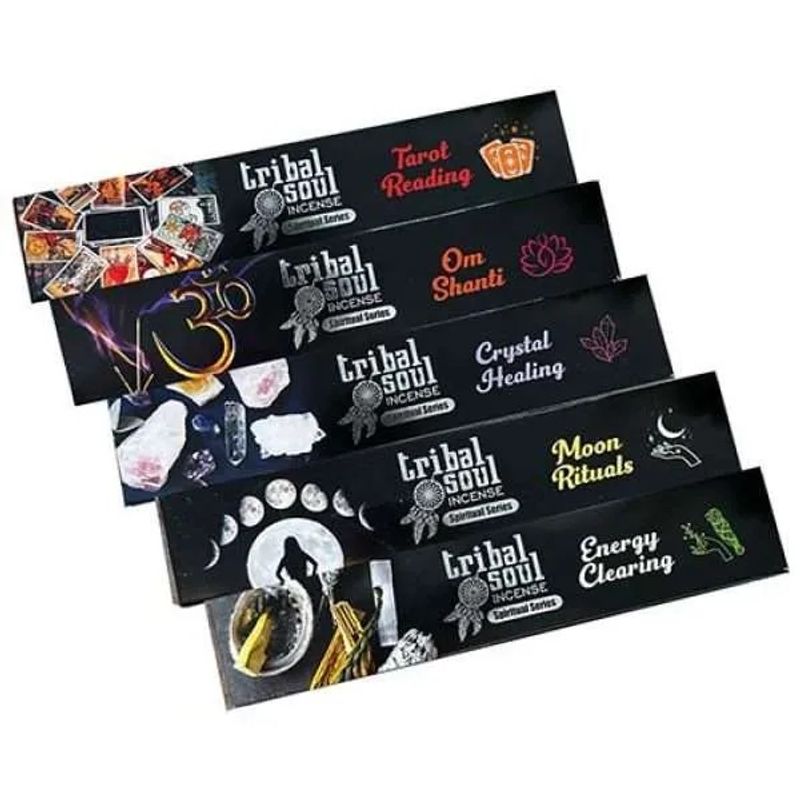 Casa si Gradina - Decoratiuni - Aromaterapie si lumanari - Odorizante camera - Set 5 pachete betisoare parfumate Tribal Soul, seria spiritual, suport ceramic inclus, 15g - Infinity.ro
