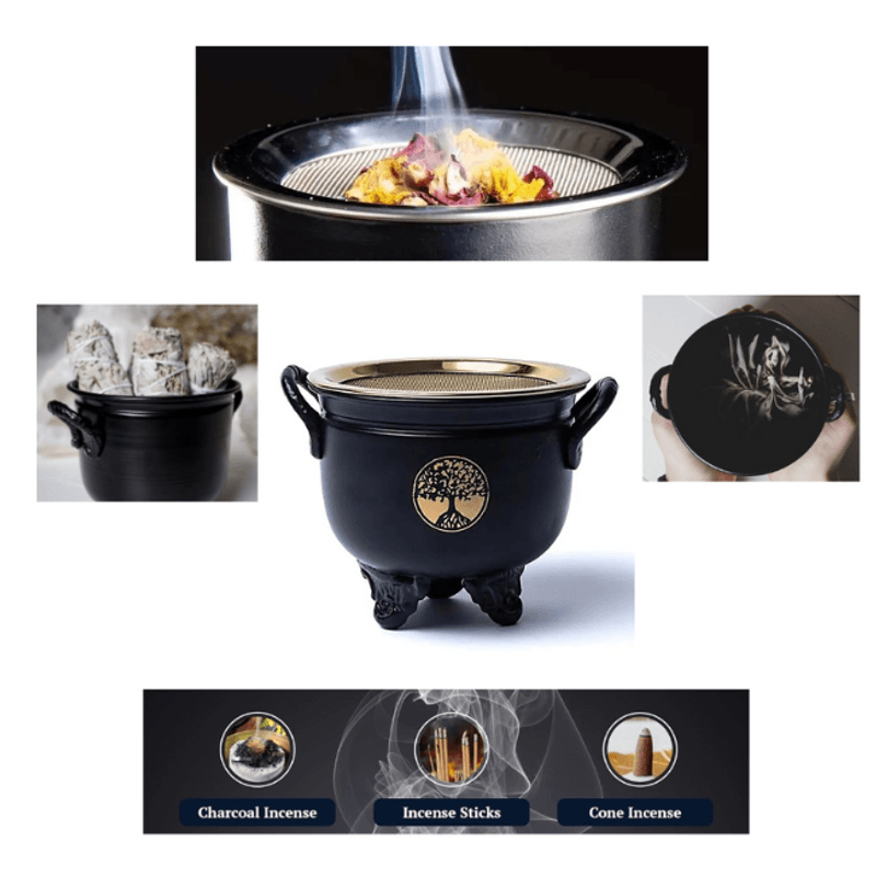 Casa si Gradina - Decoratiuni - Aromaterapie si lumanari - Difuzoare aromaterapie - Arzator de tamaie, rasini, plante aromatice, cu sita aurie si model Arborele Vietii, 10 cm - Infinity.ro