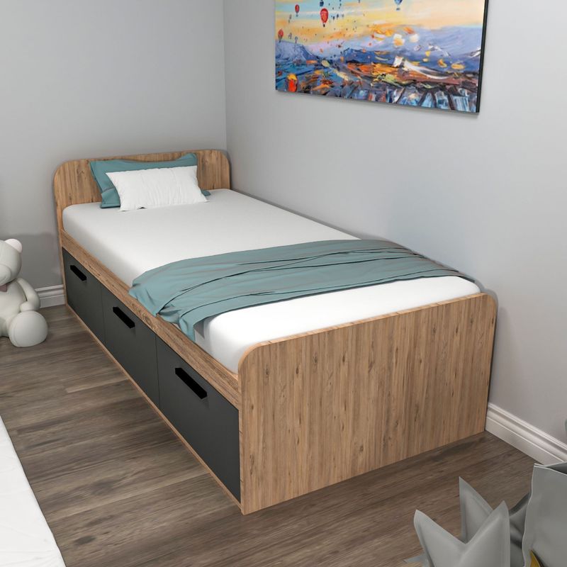 Casa si Gradina - Mobilier - Paturi si accesorii - Paturi - Pat de o persoana, Hanah Home, pal melaminat, pin atlantic si antracit, 91x193,6x71,5 cm - Infinity.ro