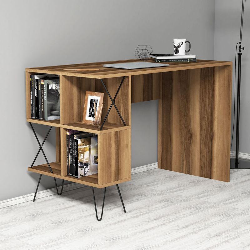 Casa si Gradina - Mobilier - Mese si birouri - Birouri - Birou cu rafturi, Hanah Home, pal melaminat, nuc si negru, 120x60x78.8 cm, 845HCT3826 - Infinity.ro