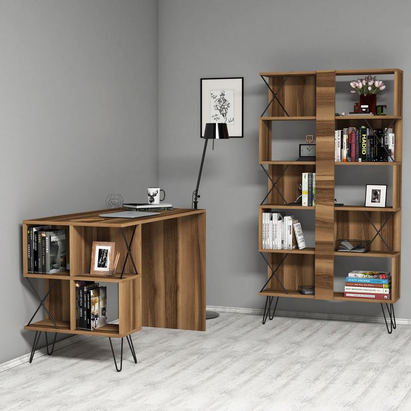 Casa si Gradina - Mobilier - Mese si birouri - Birouri - Birou cu rafturi, Hanah Home, pal melaminat, nuc si negru, 120x60x78.8 cm, 845HCT3826 - Infinity.ro