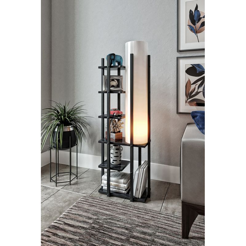 Casa si Gradina - Corpuri si surse de iluminat - Veioze si lampi - Lampadare - Lampadar, Opviq, corp lemn aglomerat, abajur textil, negru alb, 45x25x135 cm - Infinity.ro