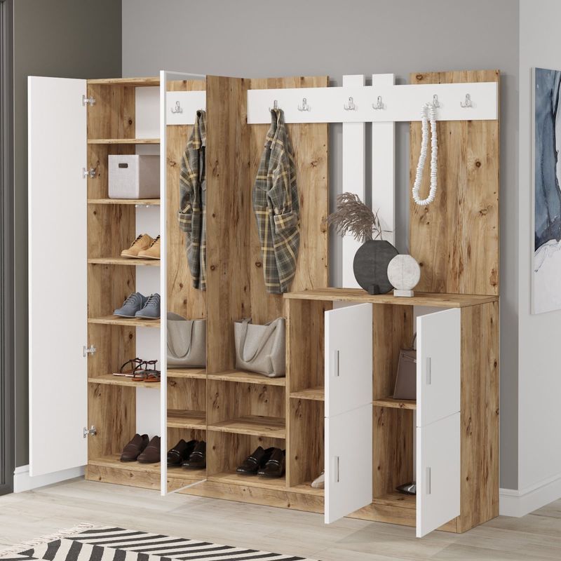 Casa si Gradina - Mobilier - Organizare si depozitare - Cuiere - Cuier hol, Hanah Home, pal melaminat, pin atlantic si alb, 187.2x37.5x180 cm - Infinity.ro