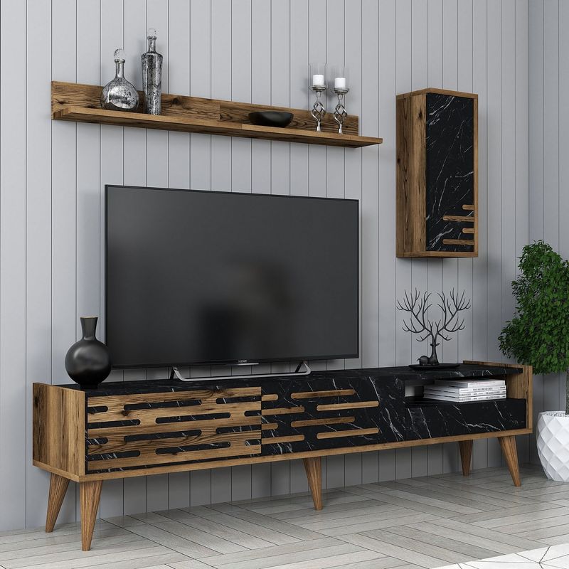 Casa si Gradina - Mobilier - Comode si corpuri - Comode - Comoda tv, Hanah Home, pal melaminat, nuc, negru, marmura, 180x35x45 cm - Infinity.ro