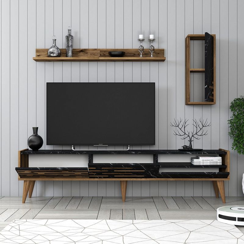 Casa si Gradina - Mobilier - Comode si corpuri - Comode - Comoda tv, Hanah Home, pal melaminat, nuc, negru, marmura, 180x35x45 cm - Infinity.ro