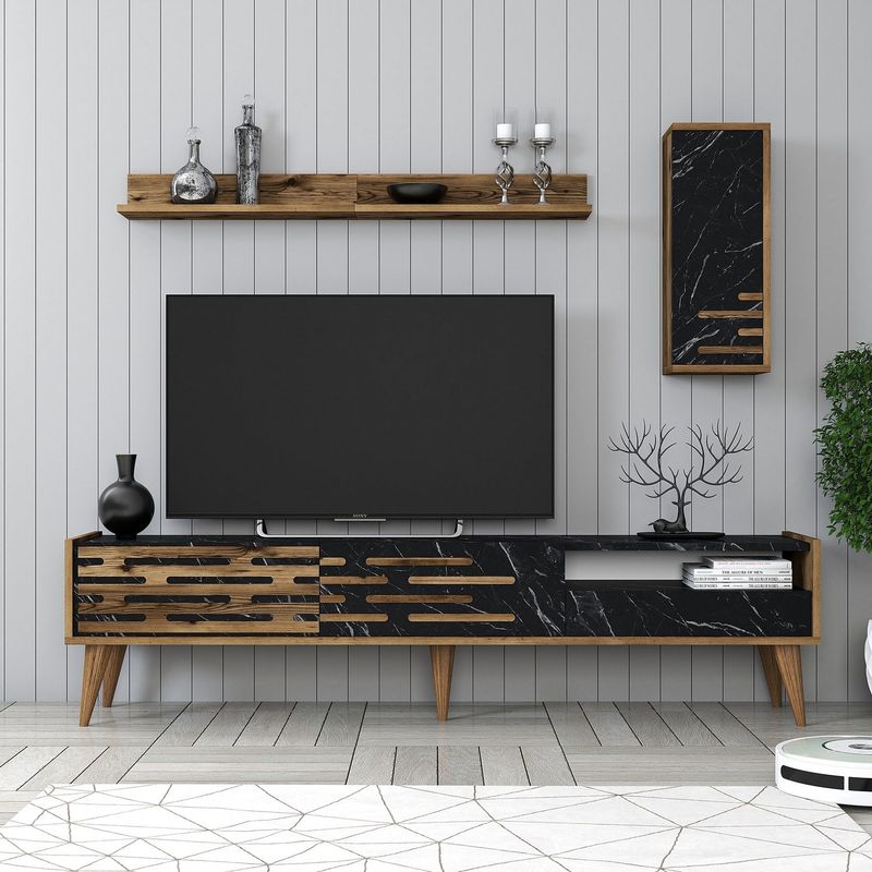 Casa si Gradina - Mobilier - Comode si corpuri - Comode - Comoda tv, Hanah Home, pal melaminat, nuc, negru, marmura, 180x35x45 cm - Infinity.ro