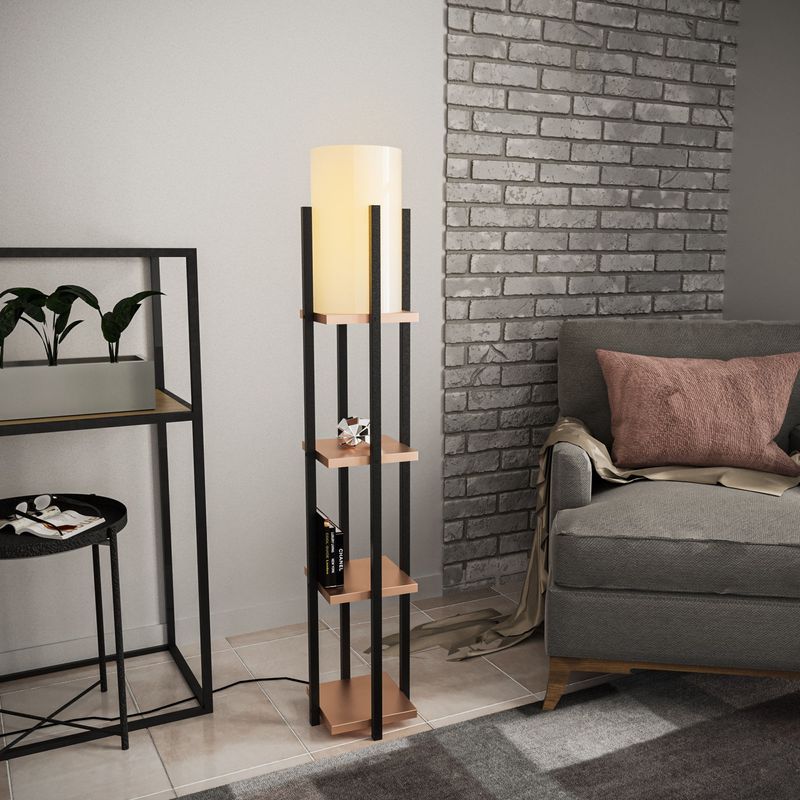 Casa si Gradina - Corpuri si surse de iluminat - Veioze si lampi - Lampadare - Lampadar cu raft, Opviq, metal, negru cupru, 25x25x130 cm, 892OPV1155 - Infinity.ro