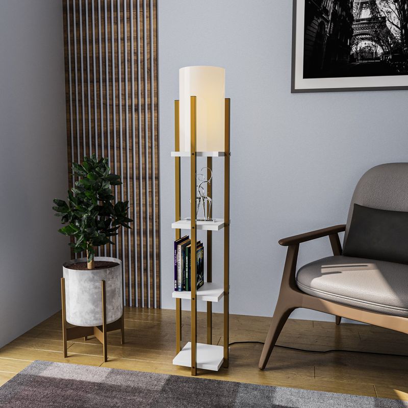 Casa si Gradina - Corpuri si surse de iluminat - Veioze si lampi - Lampadare - Lampadar cu raft, Opviq, metal, auriu alb, 25x25x130 cm, 892OPV1161 - Infinity.ro