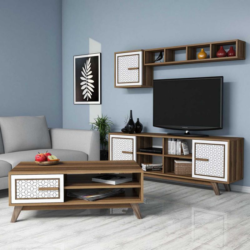 Casa si Gradina - Mobilier - Seturi de mobilier - Seturi living - Set living, Hanah Home, pal melaminat, nuc si alb, 160x56.2x35 cm - Infinity.ro