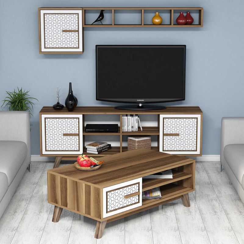 Casa si Gradina - Mobilier - Seturi de mobilier - Seturi living - Set living, Hanah Home, pal melaminat, nuc si alb, 160x56.2x35 cm - Infinity.ro