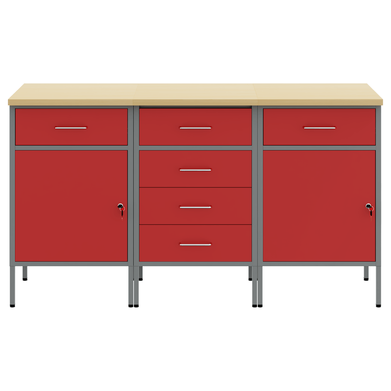 Casa si Gradina - Constructii - Scule de mana si unelte - Mese si bancuri de lucru - Set de dulapuri de lucru in 3 piese  Rosu si Gri din lemn laminat si otel - Infinity.ro