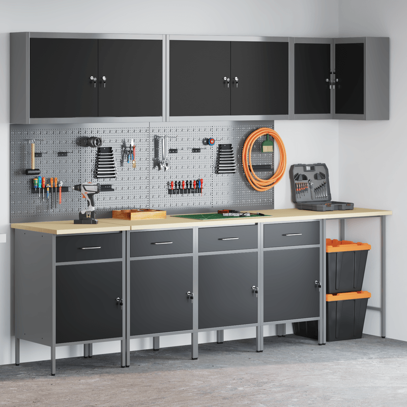 Casa si Gradina - Constructii - Scule de mana si unelte - Mese si bancuri de lucru - Set dulap lucru & panou carlige, 12 piese, negru, MDF & metal - Infinity.ro