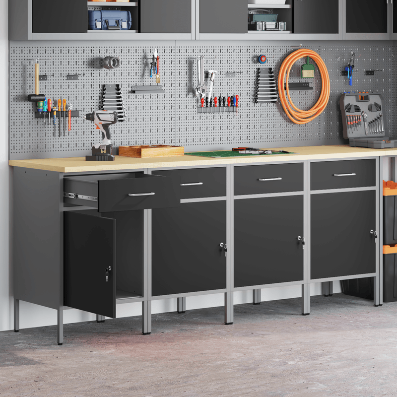 Casa si Gradina - Constructii - Scule de mana si unelte - Mese si bancuri de lucru - Dulap de lucru, 4 piese, negru si gri, lemn si otel - Infinity.ro