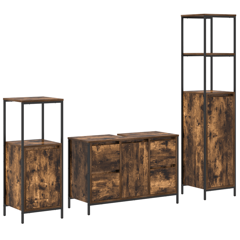 Casa si Gradina - Mobilier - Mobilier baie - Corpuri baie - Set Mobilier Baie din Lemn Ingineresc Stejar Fumuriu - 3 Piese - Infinity.ro