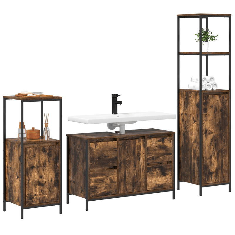 Casa si Gradina - Mobilier - Mobilier baie - Corpuri baie - Set Mobilier Baie din Lemn Ingineresc Stejar Fumuriu - 3 Piese - Infinity.ro