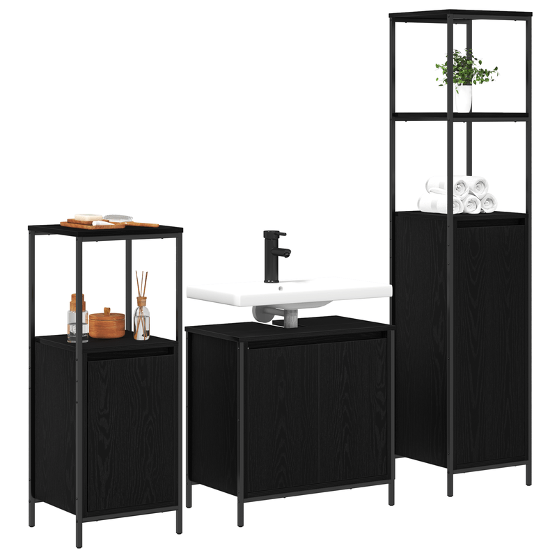 Casa si Gradina - Mobilier - Mobilier baie - Corpuri baie - Set de mobila pentru baie 3 piese  din lemn compozit stejar negru - Infinity.ro