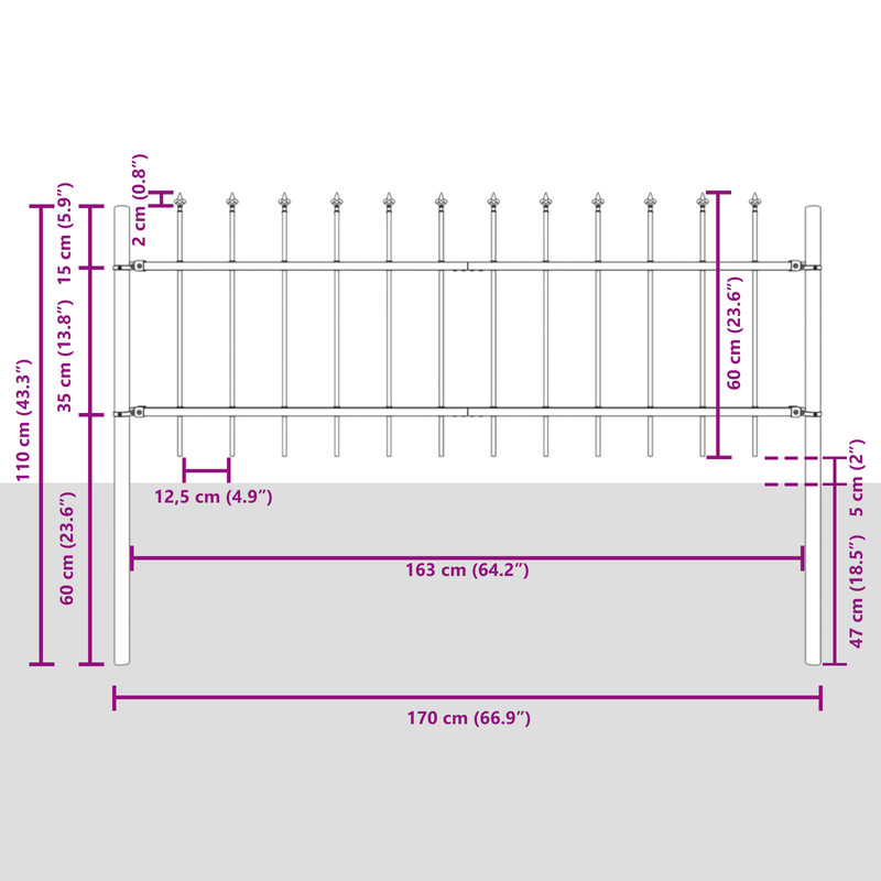 Casa si Gradina - Gradina si terasa - Garduri, panouri si accesorii - Gard de gradina cu varf tip sulita, gri, 6.8x0.6 m, otel - Infinity.ro