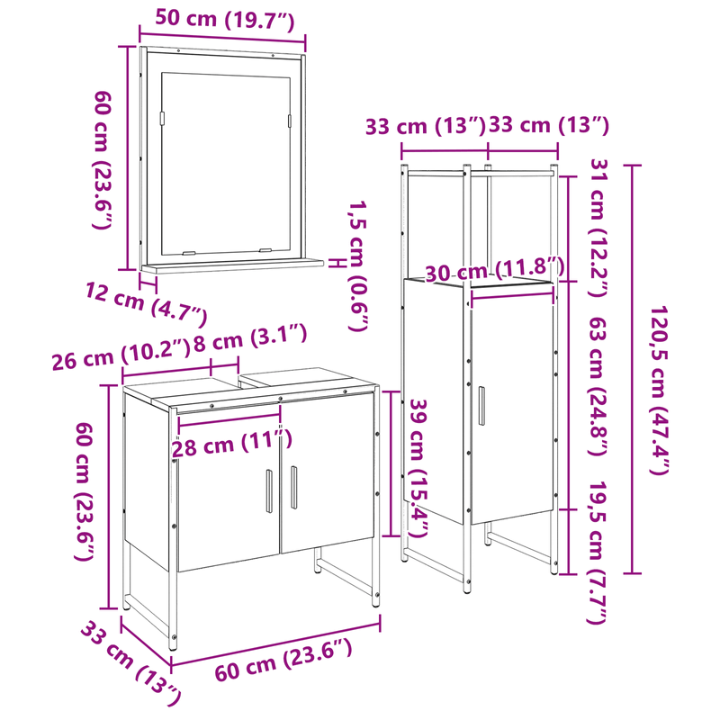 Casa si Gradina - Mobilier - Seturi de mobilier - Seturi baie - Set de dulapuri pentru baie 3 piese Negru Stejar Lemn prelucrat - Infinity.ro