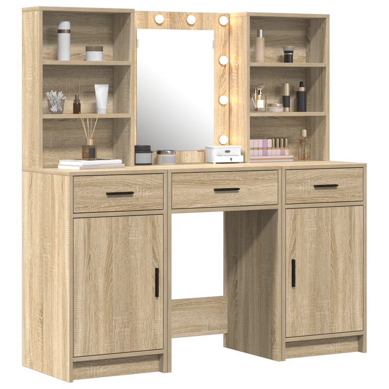 Casa si Gradina - Mobilier - Comode si corpuri - Masute de toaleta - Set masa toaleta cu LED, 3 piese, stejar sonoma, lemn prelucrat - Infinity.ro