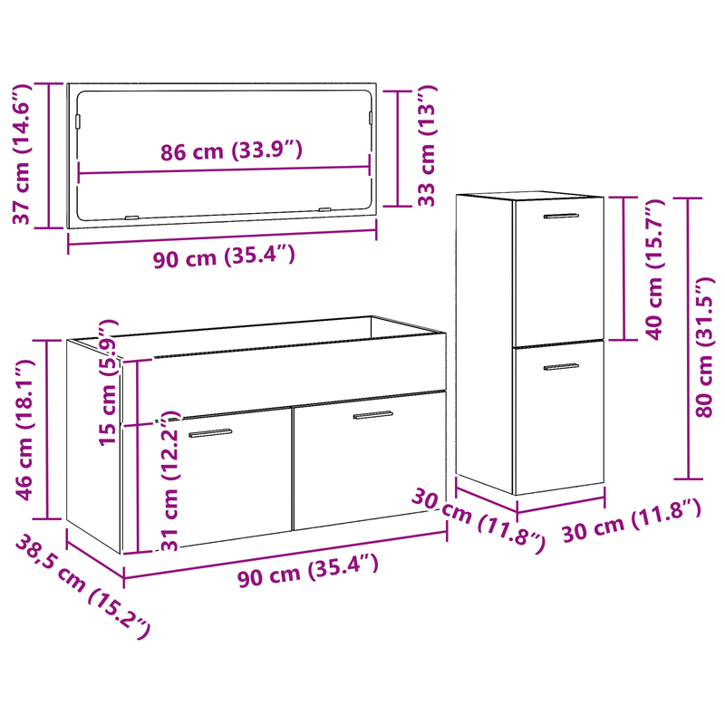 Casa si Gradina - Mobilier - Seturi de mobilier - Seturi baie - Set Mobilier Baie 3 Piese Negru Stejar Lemn Ingineresc - Infinity.ro