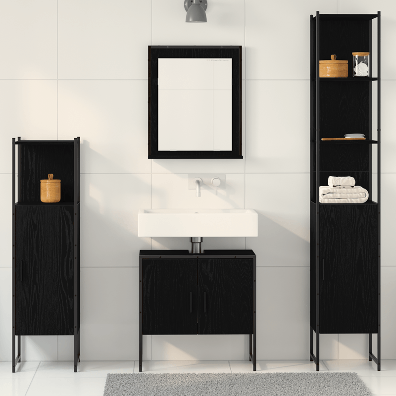 Casa si Gradina - Mobilier - Seturi de mobilier - Seturi baie - Set Mobilier Baie 4 Piese Stejar Negru - Lemn Prelucrat - Infinity.ro