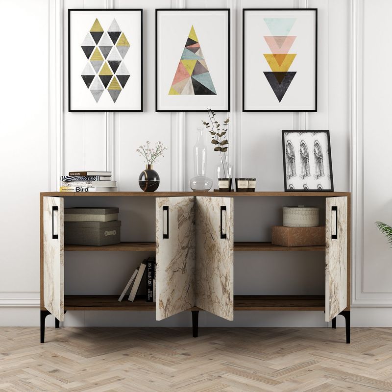 Casa si Gradina - Mobilier - Comode si corpuri - Console - Consola, Hanah Home, panou aglomerat cu melamina, nuc si marmura alba, 160x35x78 cm - Infinity.ro