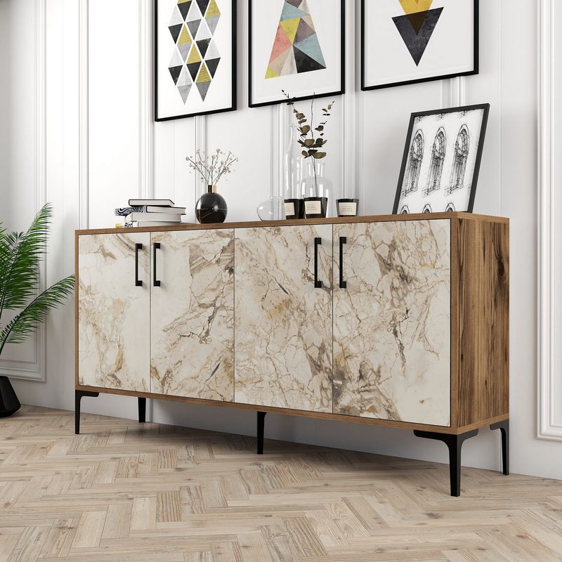 Casa si Gradina - Mobilier - Comode si corpuri - Console - Consola, Hanah Home, panou aglomerat cu melamina, nuc si marmura alba, 160x35x78 cm - Infinity.ro