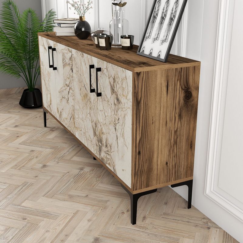 Casa si Gradina - Mobilier - Comode si corpuri - Console - Consola, Hanah Home, panou aglomerat cu melamina, nuc si marmura alba, 160x35x78 cm - Infinity.ro