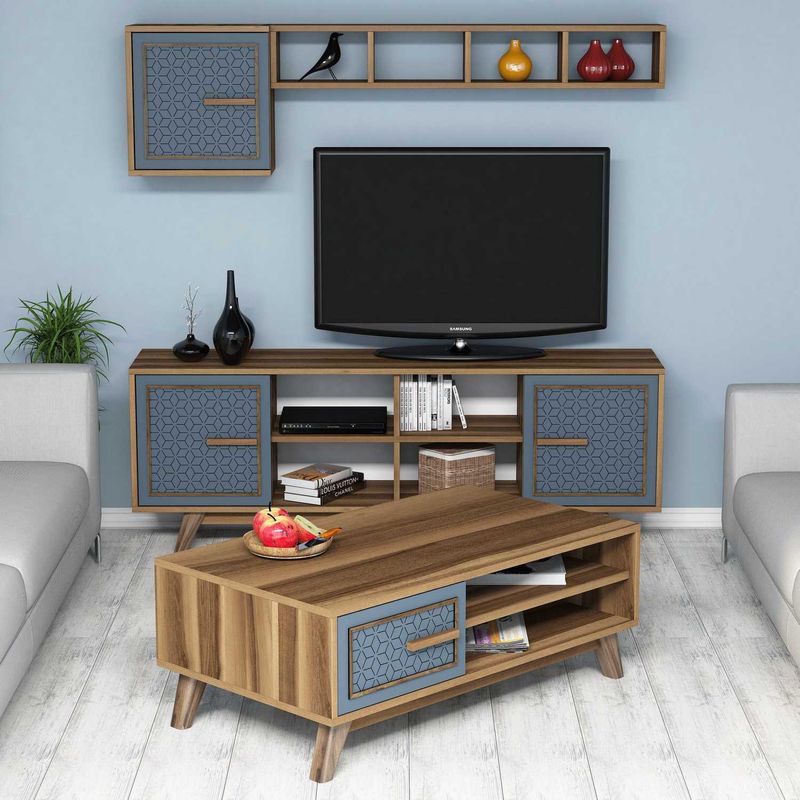 Casa si Gradina - Mobilier - Seturi de mobilier - Seturi living - Set living, Hanah Home, pal melaminat, nuc si albastru, 160x56.2x35 cm - Infinity.ro