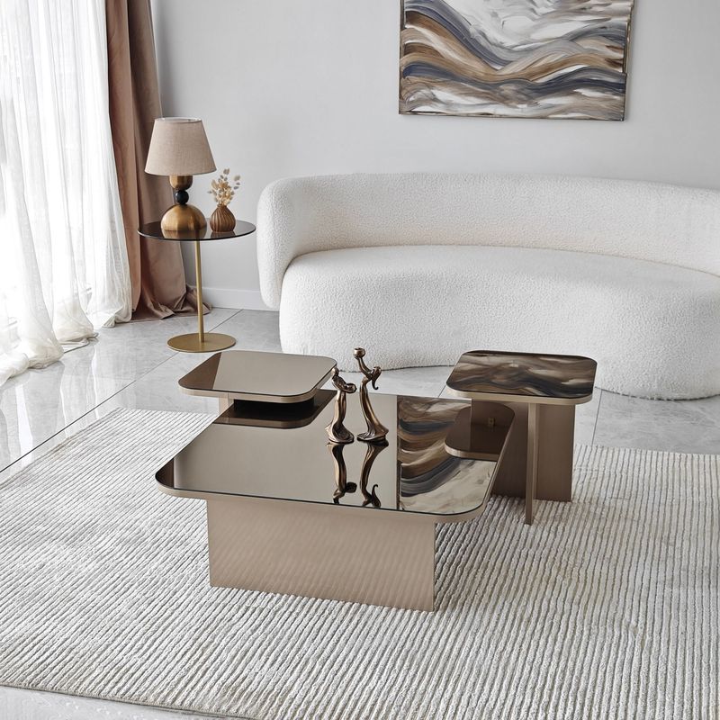 Casa si Gradina - Mobilier - Mese si birouri - Masute de cafea - Set masute de cafea, Hanah Home, pal melaminat, bej si bronz, 80x80x30 cm, 40x40x35 cm, 40x40x40 cm - Infinity.ro