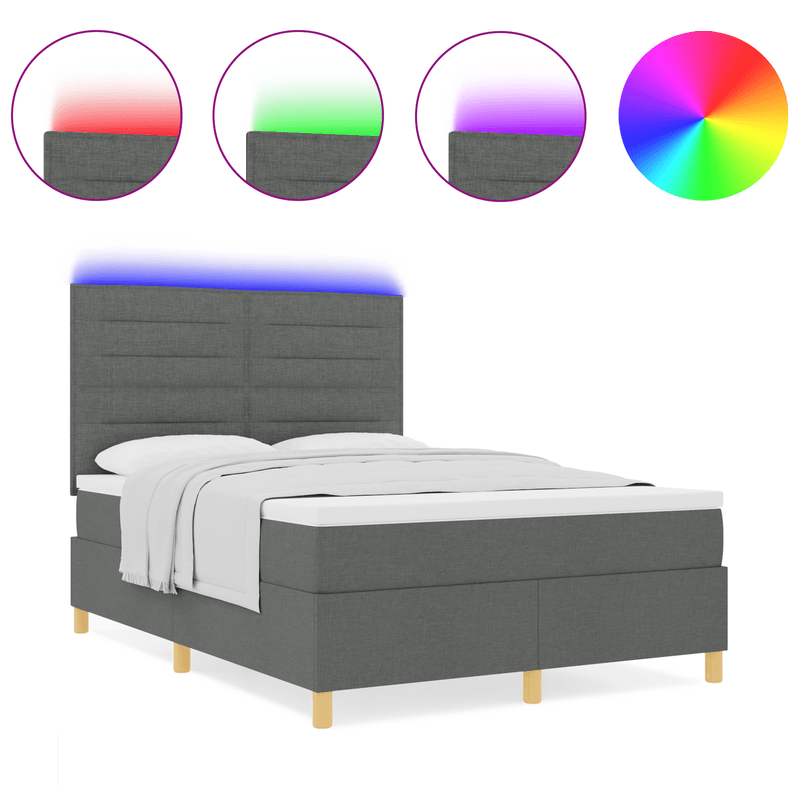 Casa si Gradina - Mobilier - Paturi si accesorii - Paturi - Pat cu arcuri de box cu saltea & LED gri inchis 140x190 cm tesatura - Infinity.ro