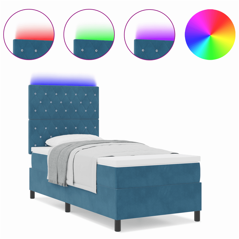 Casa si Gradina - Mobilier - Paturi si accesorii - Paturi - Pat cu arcuri si saltea cu LED Albastru Intunecat 90x190 cm Catifea - Infinity.ro