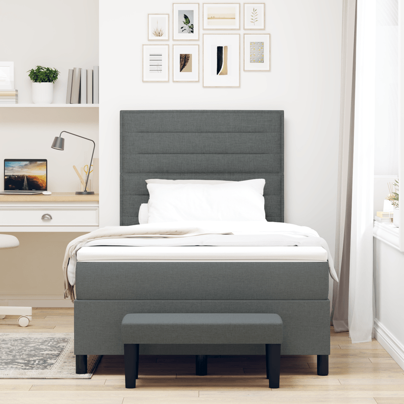 Casa si Gradina - Mobilier - Paturi si accesorii - Paturi - Pat cu Tabla de Borcan cu Saltea si Banca Gri Inchis 120x200 cm Tesatura - Infinity.ro