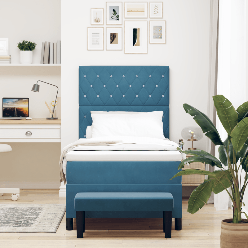 Casa si Gradina - Mobilier - Paturi si accesorii - Paturi - Pat cu arcuri cu saltea si banca Albastru inchis 90x200 cm Catifea - Infinity.ro