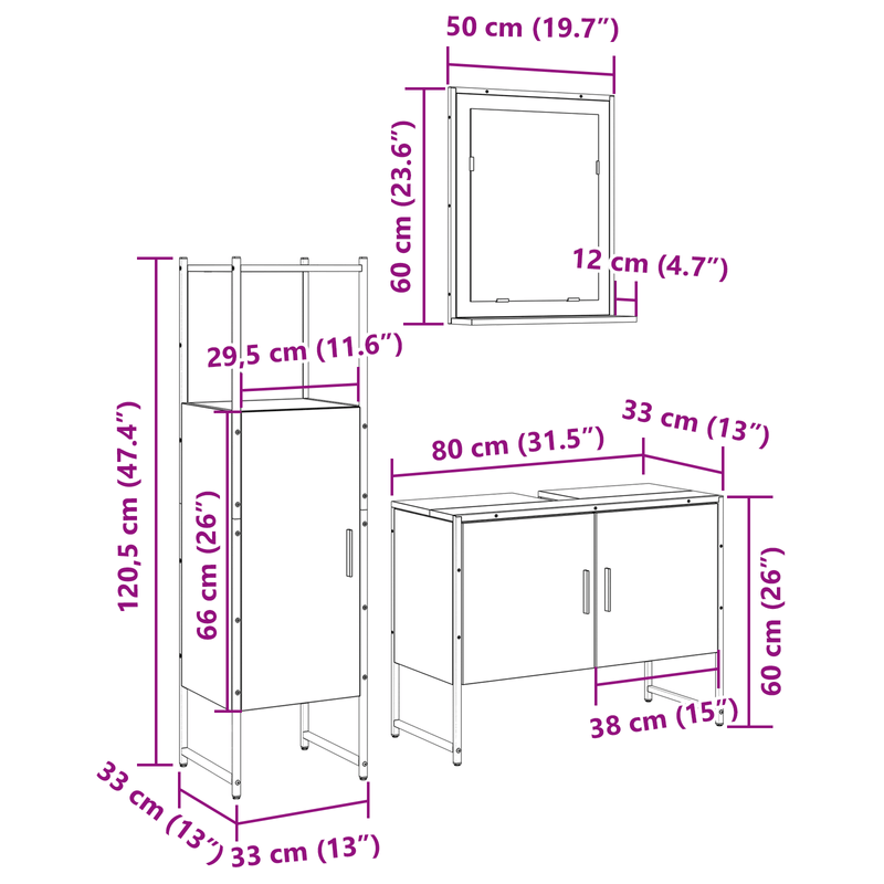 Casa si Gradina - Mobilier - Mobilier baie - Corpuri baie - Set Mobilier Baie  3 Piese Stejar deschis Lemn procesat - Infinity.ro