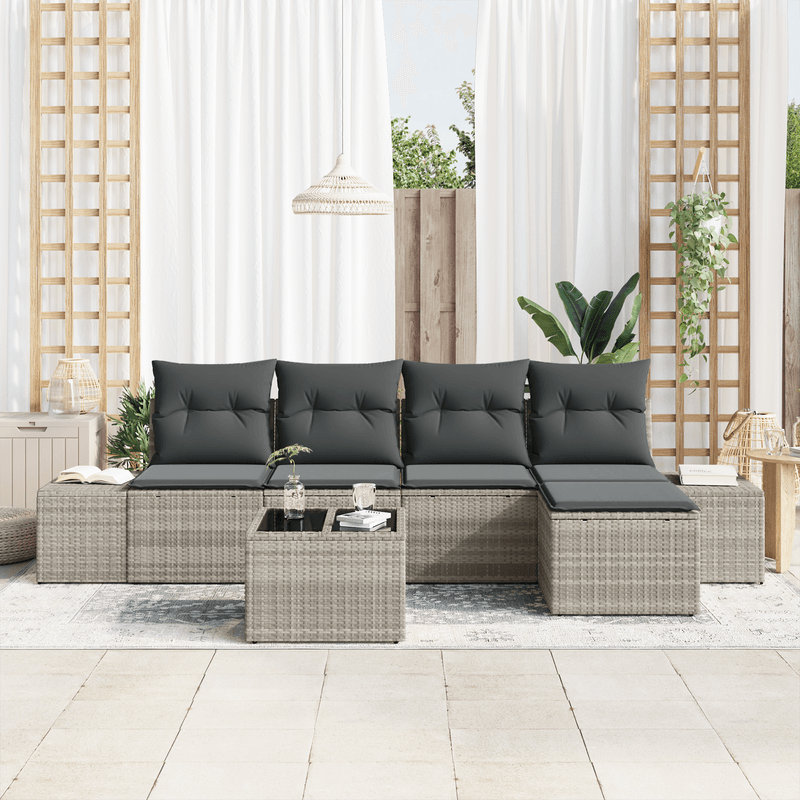 Casa si Gradina - Gradina si terasa - Mobilier exterior - Canapele si fotolii gradina - Set canapea gradina de 6 piese cu perne gri din ratan poliesteric - Infinity.ro