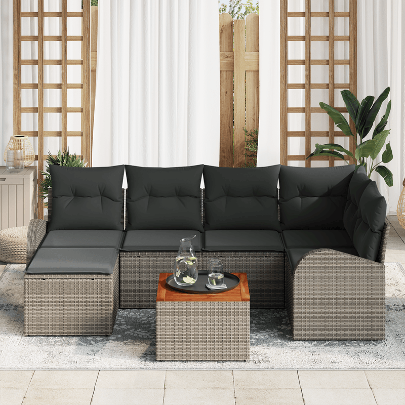Casa si Gradina - Gradina si terasa - Mobilier exterior - Canapele si fotolii gradina - Set Canapea Gradina 7 Piese cu Perna Gri din Poliratan si Acacia - Infinity.ro