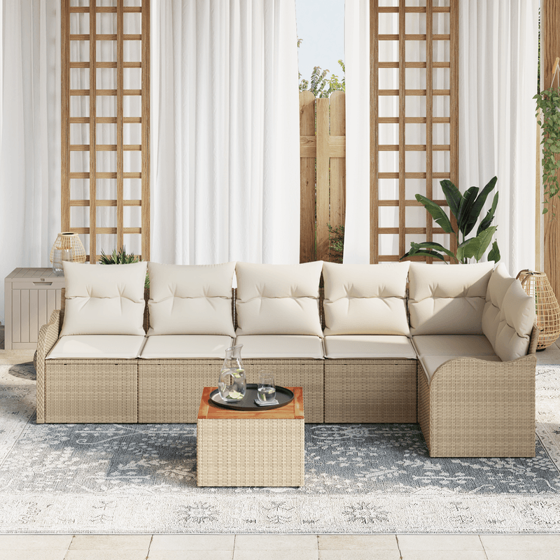 Casa si Gradina - Gradina si terasa - Mobilier exterior - Canapele si fotolii gradina - Set canapea de gradina  cu 7 piese si perne Bej Poliratan Acacia - Infinity.ro