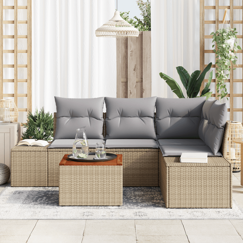 Casa si Gradina - Gradina si terasa - Mobilier exterior - Canapele si fotolii gradina - Set de canapea de gradina 5 piese cu perne Bej din poliratan si acacia - Infinity.ro