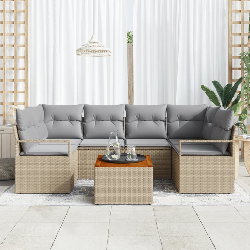 Casa si Gradina - Gradina si terasa - Mobilier exterior - Canapele si fotolii gradina - Set de Canapea pentru Gradina  7 Piese cu Perne Bej Ratan Poli Acacia - Infinity.ro