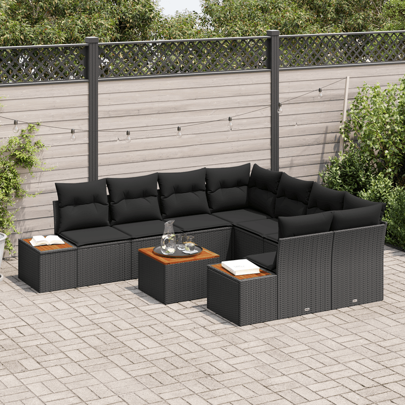Casa si Gradina - Gradina si terasa - Mobilier exterior - Canapele si fotolii gradina - Set Canapea Gradina 9 Piese cu Perne Negru Poliratan Acacia - Infinity.ro