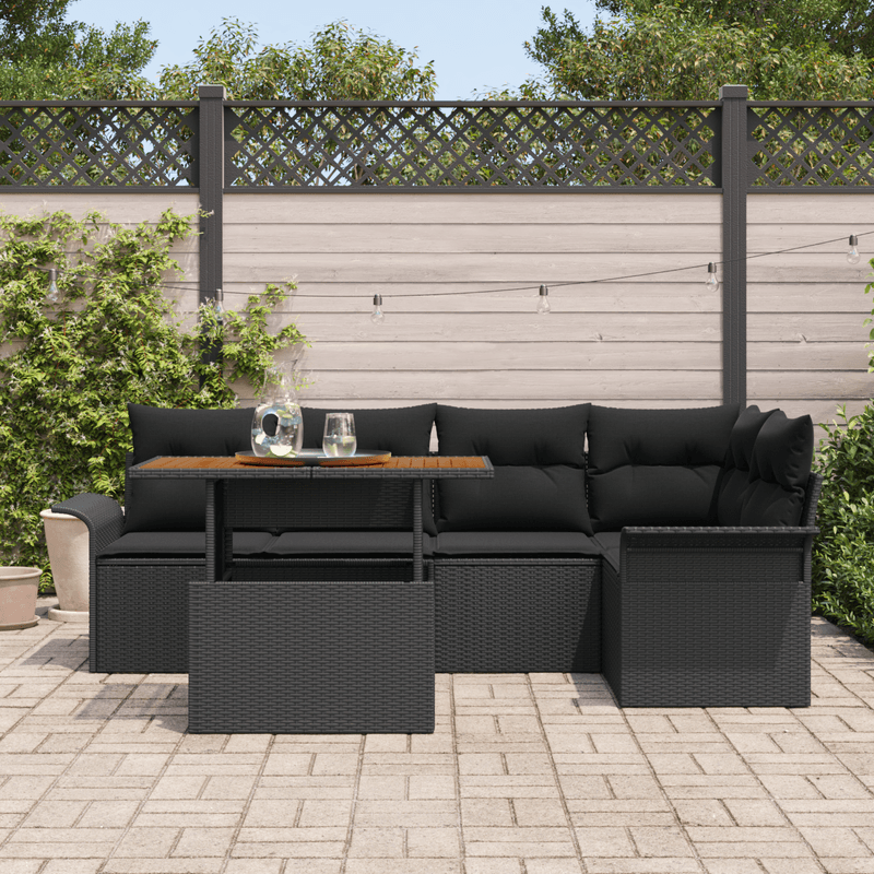 Casa si Gradina - Gradina si terasa - Mobilier exterior - Canapele si fotolii gradina - Set mese gradina 6 piese cu perne Negru Poliratan Acacia - Infinity.ro