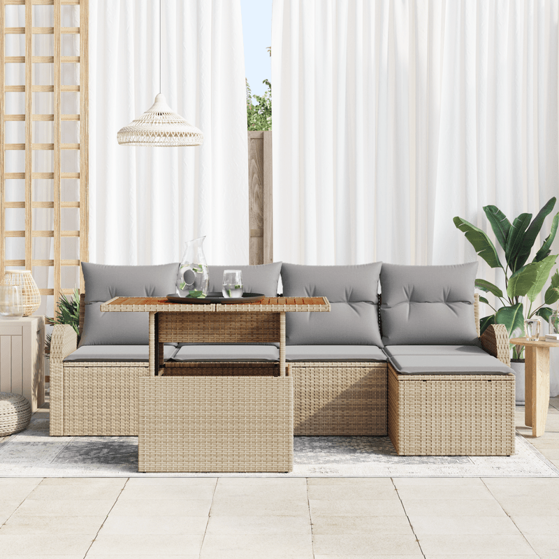 Casa si Gradina - Gradina si terasa - Mobilier exterior - Canapele si fotolii gradina - Set mese gradina 6 piese cu perne Bej Ratan Acacia - Infinity.ro
