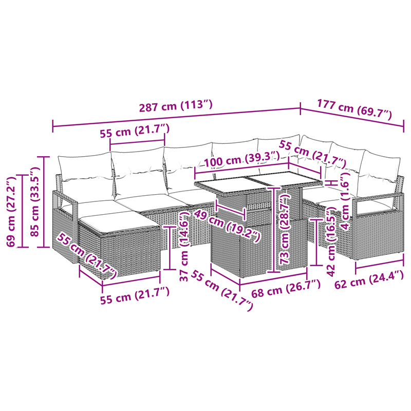 Casa si Gradina - Gradina si terasa - Mobilier exterior - Canapele si fotolii gradina - Set 9 Piese Gradina cu Perne Gri Deschis din Ratan Polipropilenic - Infinity.ro