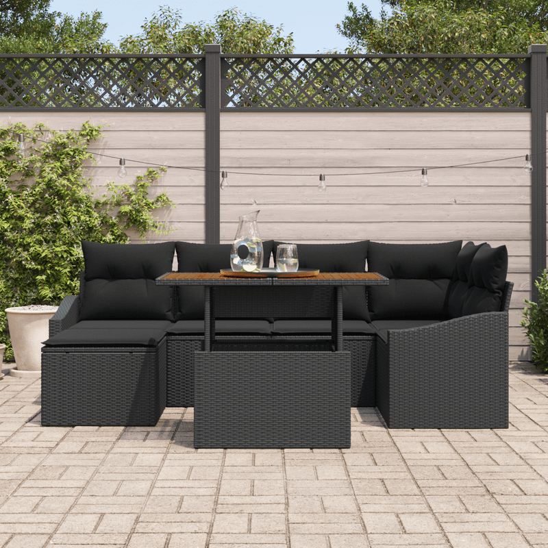 Casa si Gradina - Gradina si terasa - Mobilier exterior - Canapele si fotolii gradina - Set de dining pentru gradina , 7 piese, cu perne, ratan negru si lemn de acacia - Infinity.ro