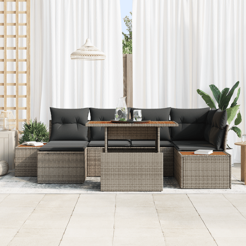 Casa si Gradina - Gradina si terasa - Mobilier exterior - Canapele si fotolii gradina - Set de dining pentru gradina de 7 piese cu perne Gri din Ratan Polir si Acacia - Infinity.ro