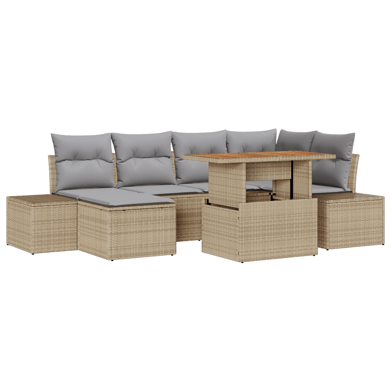 Casa si Gradina - Gradina si terasa - Mobilier exterior - Canapele si fotolii gradina - Set de Dining pentru Gradina de 7 Piese cu Perne Bej Ratan Poli Acacia - Infinity.ro